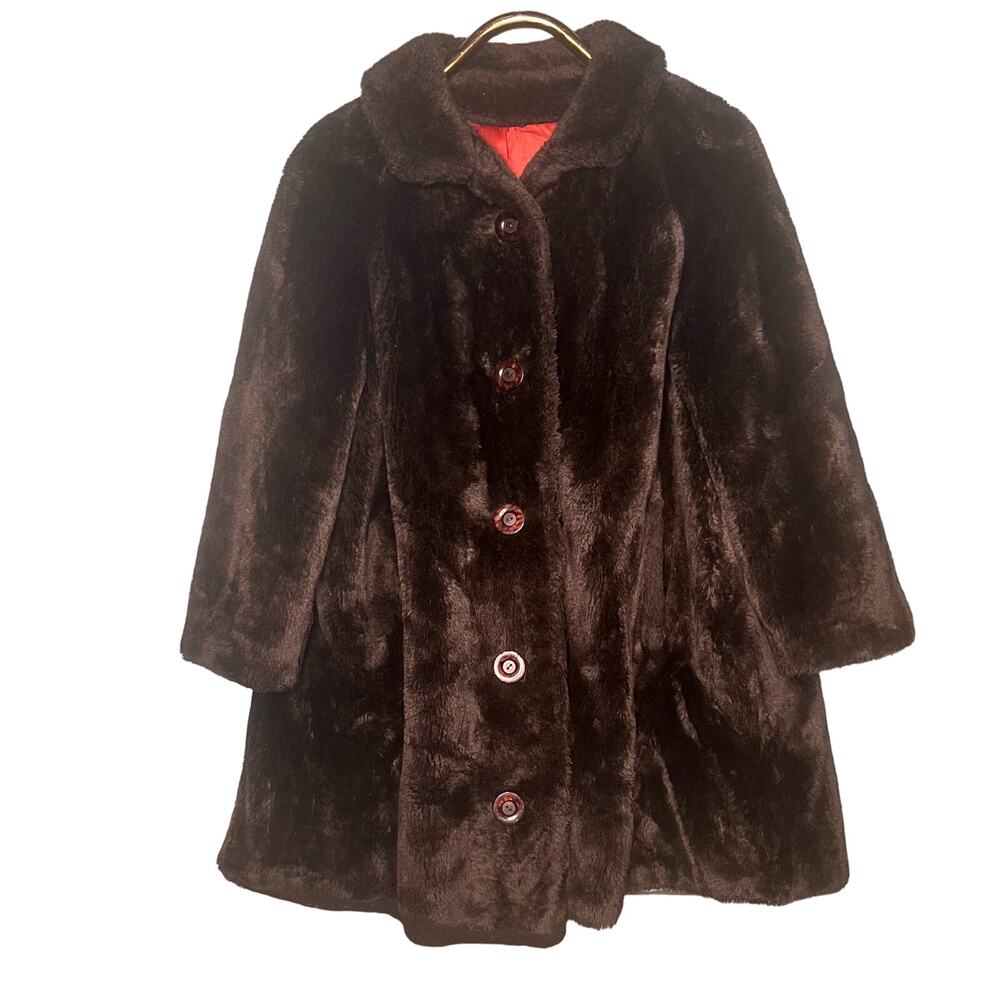 Vintage 60s Brown Faux Fur Swing Coat Button Front Collared Pockets Rockabilly